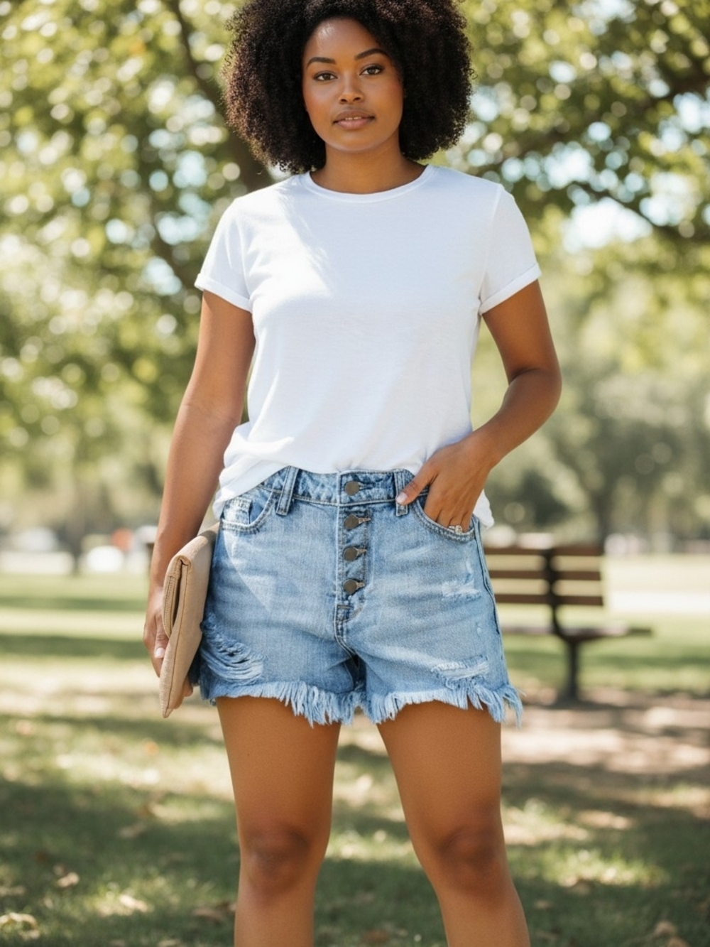 Amazon Light Blue Distressed High-Waist Button-Front Denim Shorts